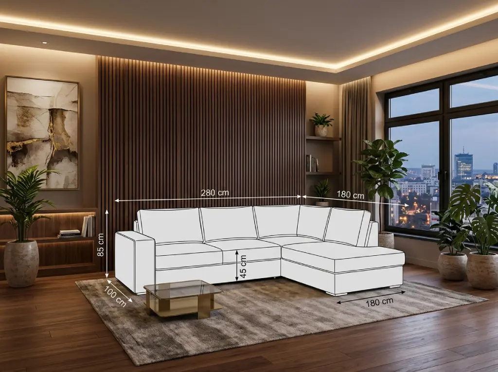 Crtež ugaone garniture u dnevnoj sobi, sa merama 280 x 180 cm i visinom sedišta 45 cm